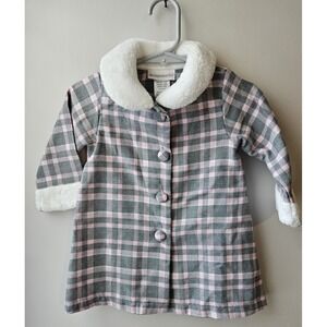 Sweet Heart Rose Baby Girl Lightweight Plaid Coat Faux Fur Gray Pink 12M